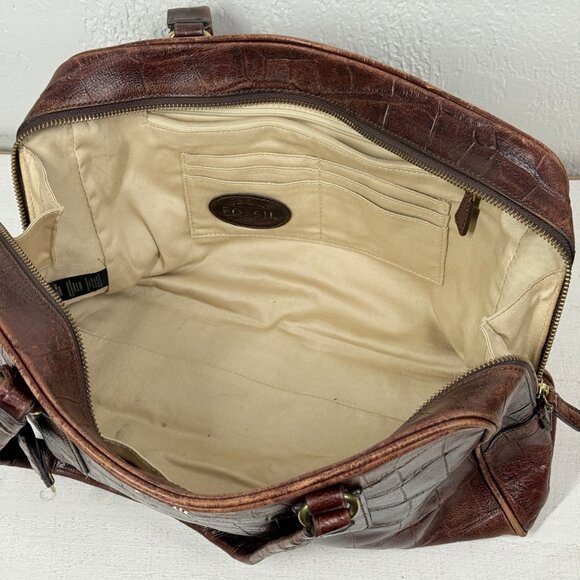 Fossil Croc Embossed Leather Satchel Brown Structured Shoulder Bag - Picture 10 of 16